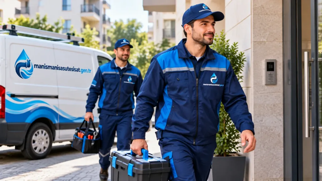 Acil su tesisatçısı ekibi alet çantalarıyla servis aracından inip apartman girişine ilerliyor