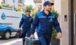 Acil su tesisatçısı ekibi alet çantalarıyla servis aracından inip apartman girişine ilerliyor