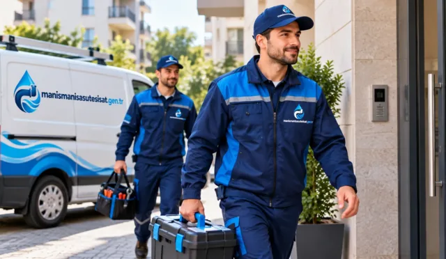 Acil su tesisatçısı ekibi alet çantalarıyla servis aracından inip apartman girişine ilerliyor